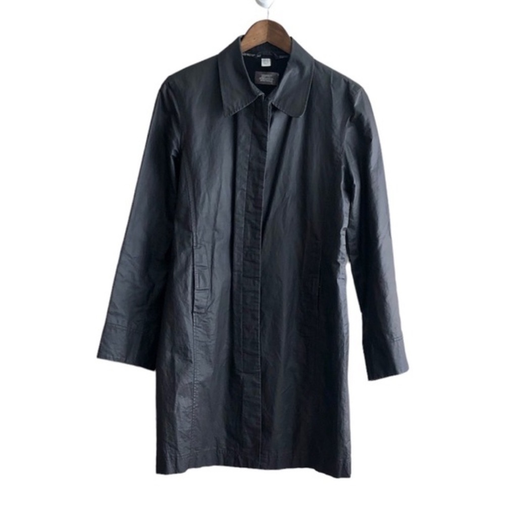 Esprit Casual Faux Leather Ramie Long Sleeve Button Down Trench Coat Jacket Grey
